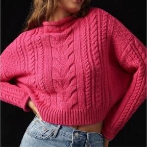 Anthro Pilcro Cable Knit Sweater Hot Pink Cropped Mock Neck Chunky Y2K Cozycore